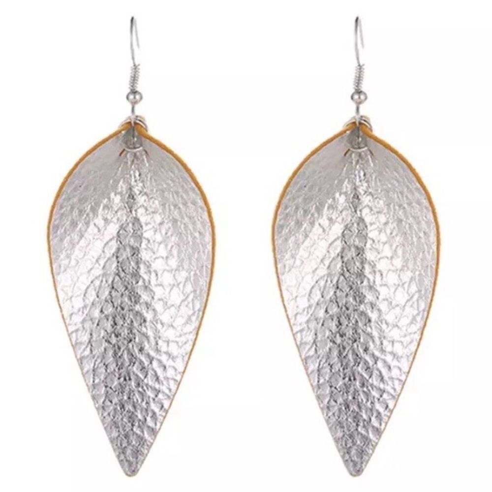 Silver Vegan Leather Leaf Earrings NWT